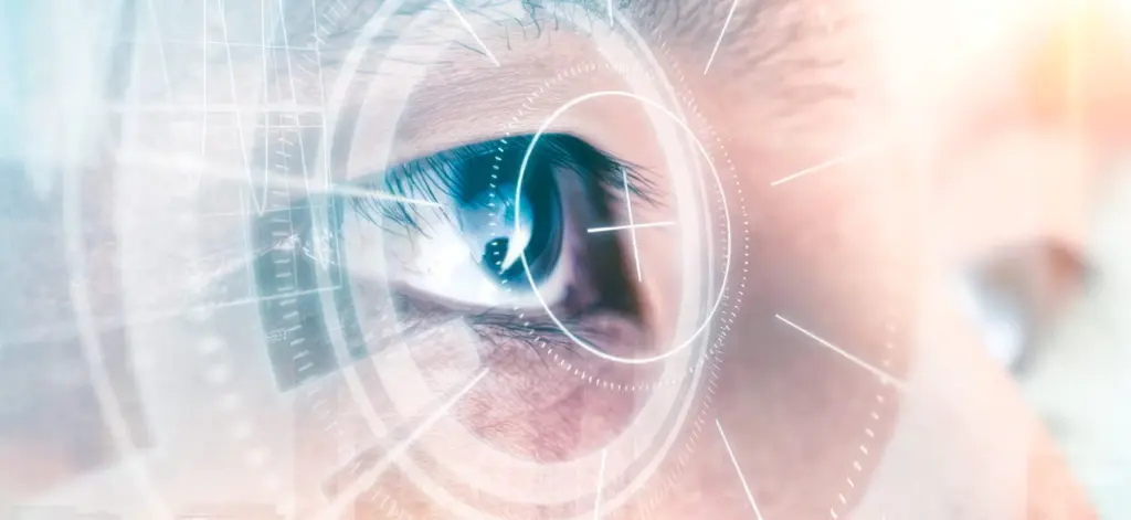 Close-up of an eye overlaid with a digital eye-tracking interface